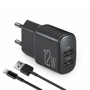 Мережевий зарядний пристрій Brevia ePower 12W 2xUSB-A + кабель USB-A to Lightning 1м чорний