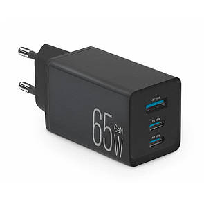 Мережевий зарядний пристрій Brevia ePowerGaN PD65W 2xUSB-C+USB-A чорний