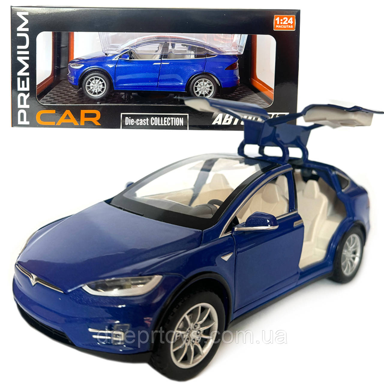 Машинка металева Tesla Model x 90D Тесла синя 1:24 світло звук відкриваються двері баг капот резинові колеса 21*7*10 см (AP-2048), фото 1