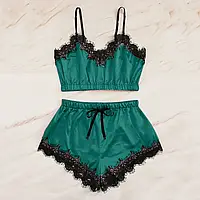 Жіноча демісезонна піжама зеленого кольору зі стрейчевого атласу