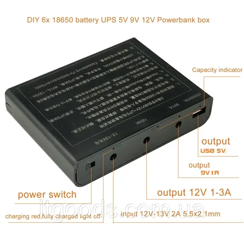 Корпус безперебійника ДБЖ 6x18650 USB 5V 2А + 5.5*2.1мм 9V 1A /12V 3A DC mini ups box павербанк для Wi-Fi роутера