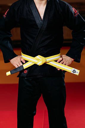 Пояс для кімоно джиу-джитсу Bjj Belt Kintayo Yellow White жовто-білий довжина 220 см зріст 140 см, фото 3