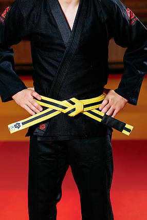 Пояс для кімоно джиу-джитсу Bjj Belt Kintayo Yellow Black жовто-чорний довжина 220 см зріст 140 см, фото 3
