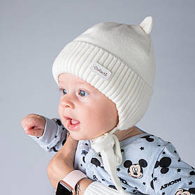 Шапка зимова з вушками з вовною мериноса 38 см (0 - 1 місяць) ДоРечі Молочний