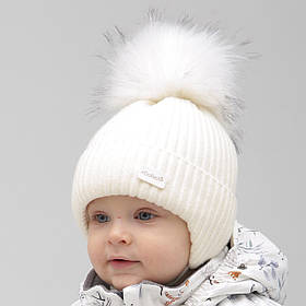 Шапка зимова з помпоном з вовною мериноса 46 см (9 - 12 місяців) ДоРечі Молочний