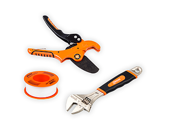 Набір трубний Стандарт Polax труборіз 3-42 мм, товщина 2.8 мм, тефлонова стрічка 15м, та ключ розвідний 250 мм (335-14)