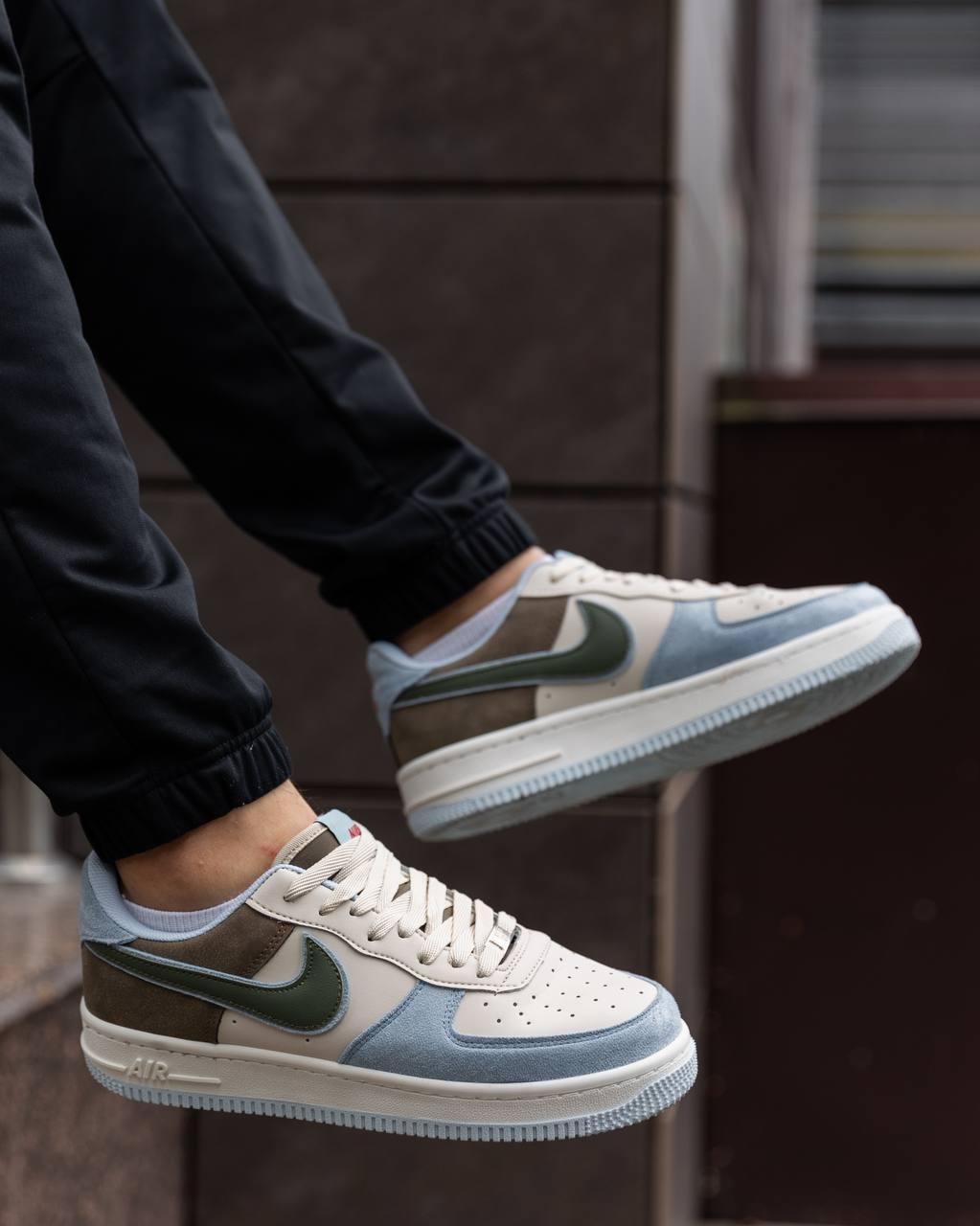 Чоловічі кросівки Nike Air Force White Blue стильні кросівки nike чоловіче взуття повсякденне взуття Найк, фото 1