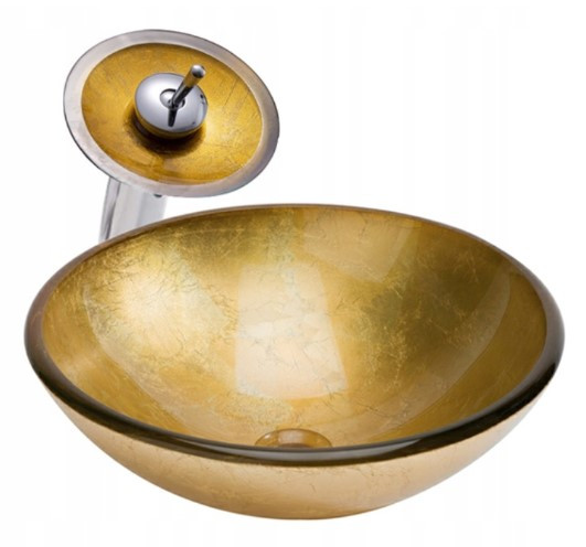 Комплект умивальник скляна раковина + змішувач Veldman Gold, фото 1