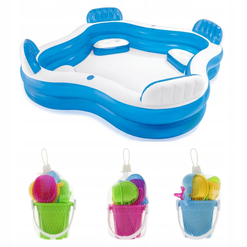 Надувний басейн прямокутний Intex 229 см для саду з сидіннями + подарунок міні-іграшка відерце 7см 229x229x66, фото 1