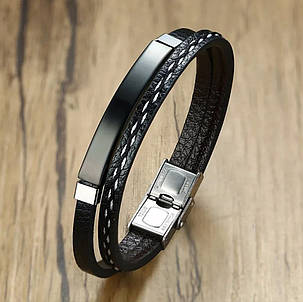 Браслет шкіряний Zig Jewelry із чорною вставкою чорна шкіра, фото 3