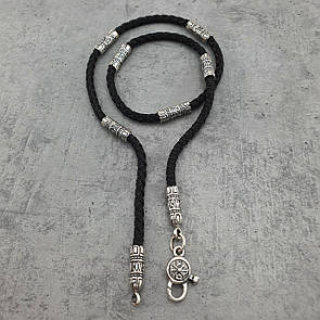 Подвійний шовковий браслет зі срібними вставками та замком. Чоловічий браслет срібло 925 та шовк 3 мм. 21 розмір