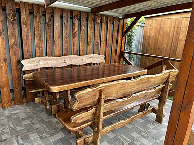 Стіл дерев'яний садовий Хутір + Лавка зі спинкою з масиву дерева на терасу для дачі кафе Комплект ( 3 в 1)