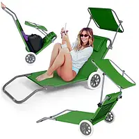 Сталевий зелений шезлонг Be-active складний садовий пляжний крісло-візок на колесах з навісом