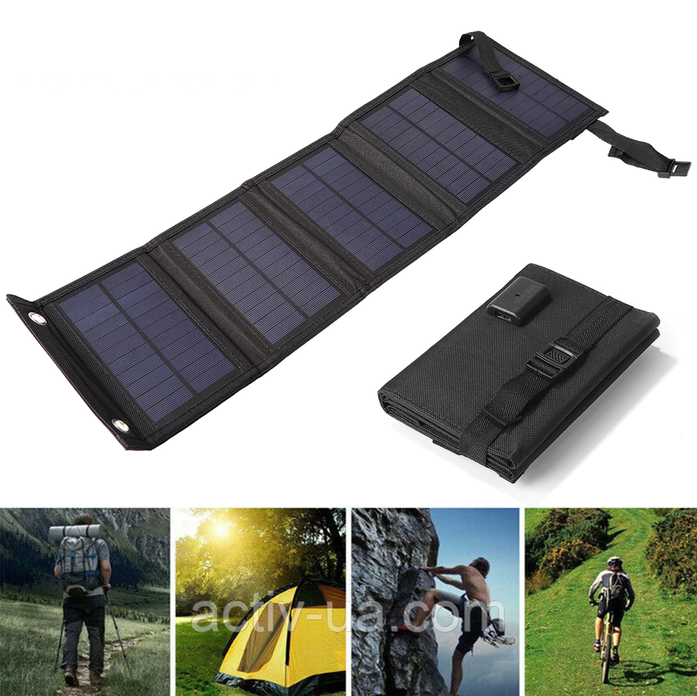 Сонячна панель водозахисна Foldable 12W, 5 панелей, 1 USB вихід, 5V/2А, Чорний
