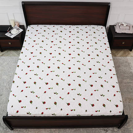 Захисне натяжне міцне простирадло гумка односпальне з бязі (90*200*25) бавовняне біле з квітковим принтом, фото 1