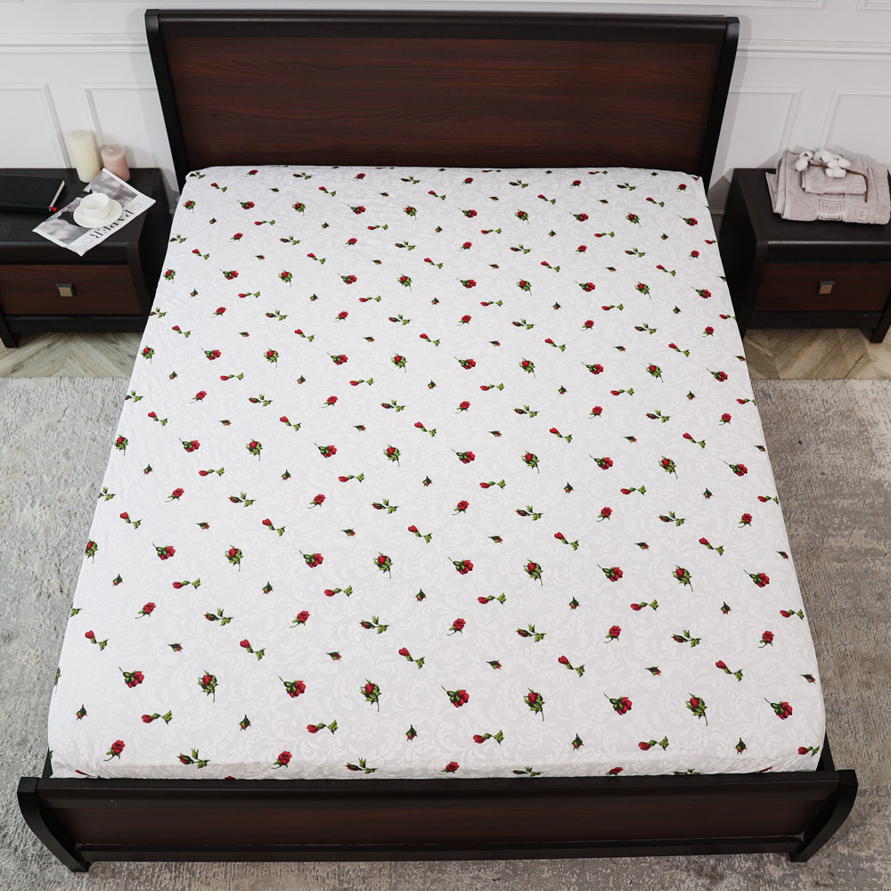 Захисне натяжне міцне простирадло гумка односпальне з бязі (90*200*25) бавовняне біле з квітковим принтом