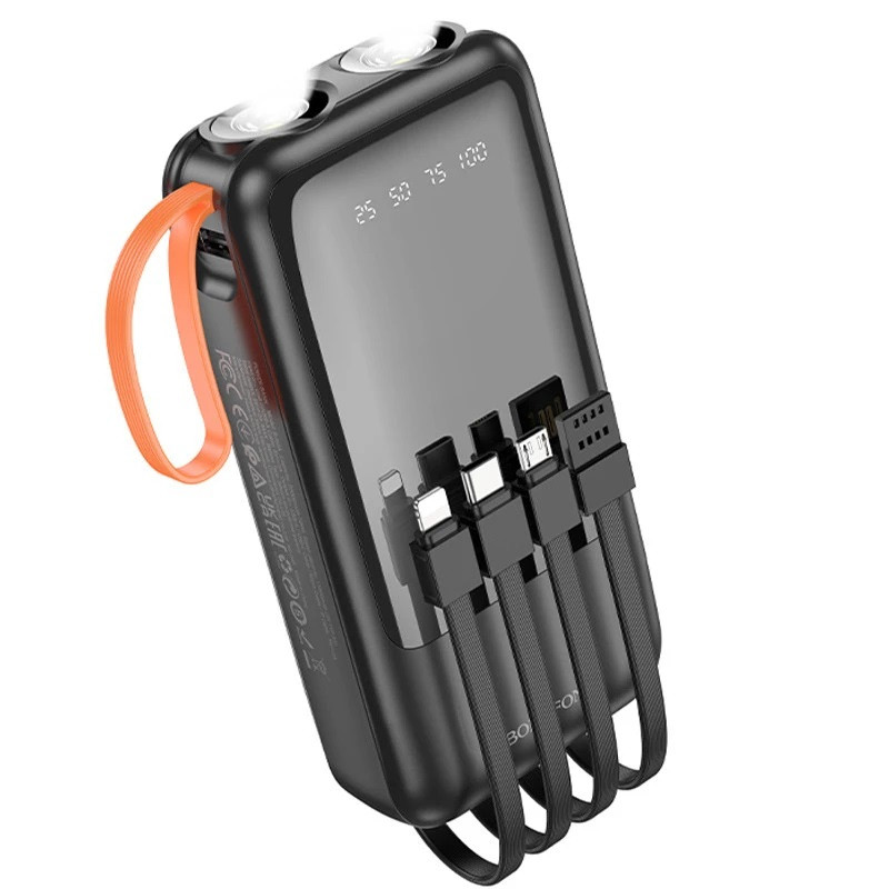 Павербанк повербанк 20000mAh з вбудованими кабелями Type-C/Lightning/microUSB/ USB та ліхтариком BOROFONE BJ60A Чорний
