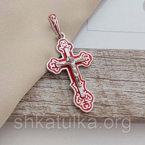 Хрестик срібний з розп'яттям написом Врятуй і Збережи та червоною емаллю, фото 1