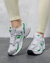 Жіночі шкіряні сітка кросівки New Balance 530 White Green, жіночі кеди Нью Беланс білі. Жіноче взуття