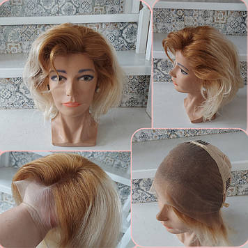 Перука каре-каскад з натурального волосся з моновставкою ручної роботи блонд омбре LAURA 12" -Y27/613