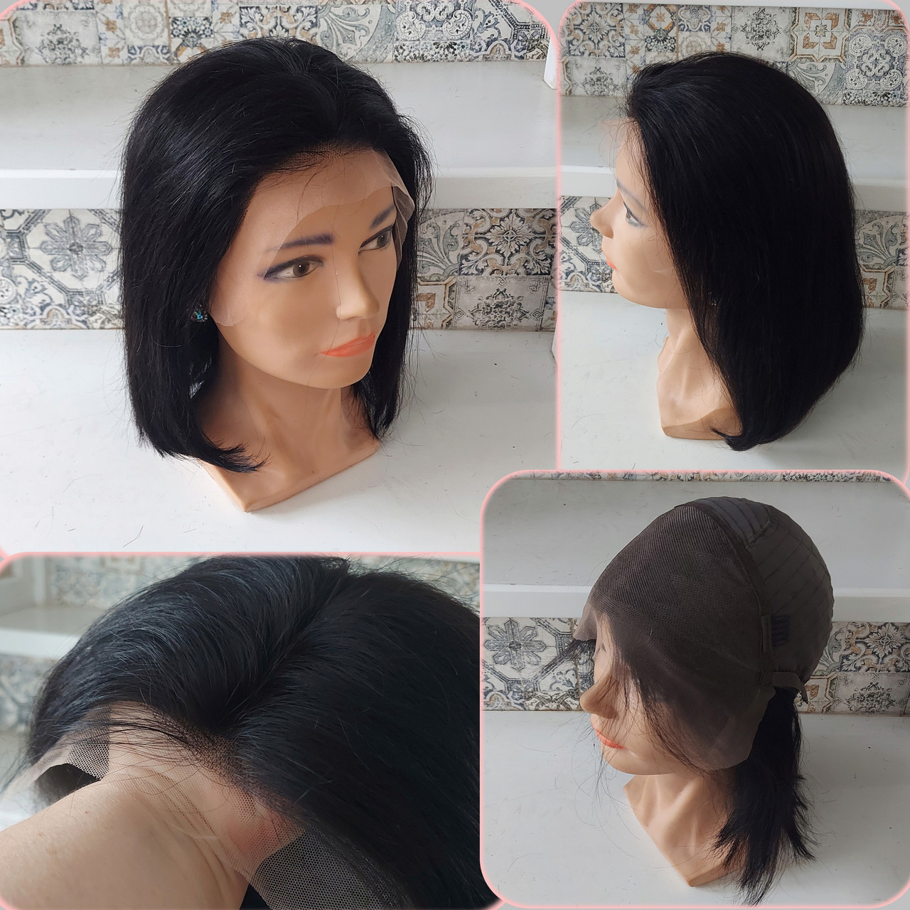 Перука подовжене каре з натурального волосся з моновставкою ручної роботи чорний LINDA 14" -1B, фото 1