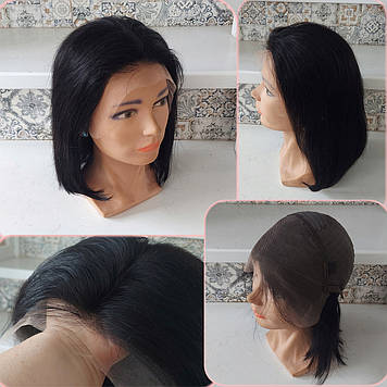 Перука подовжене каре з натурального волосся з моновставкою ручної роботи чорний LINDA 14" -1B