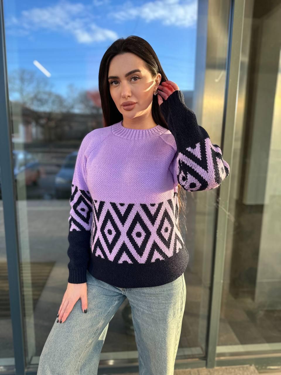 Жіночий в'язаний светр із візерунком напіввовна, фото 1