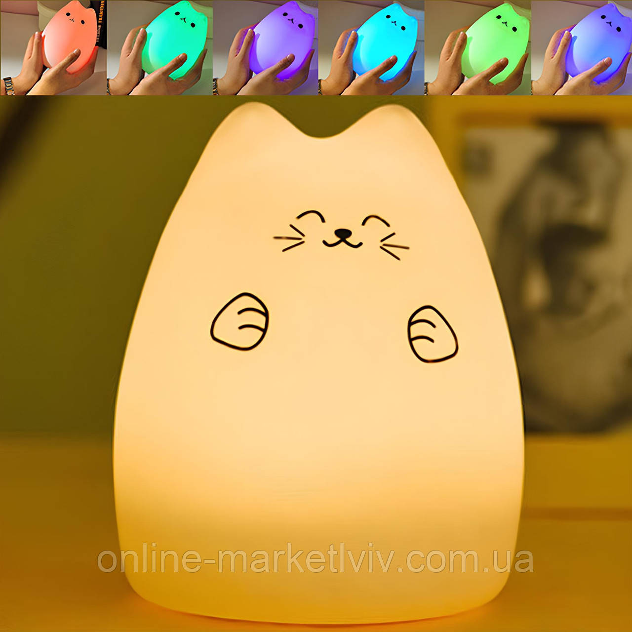 Дитячий нічник силіконовий 7 режимів, RGB, з USB, Котик / Нічник з акумулятором / Світильник нічник для дітей