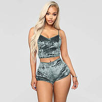 Зелена жіноча велюрова нічна піжама короткий топ та шорти