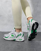 Жіночі шкіряні сітка кросівки New Balance 530 White Green, жіночі кеди Нью Беланс білі. Жіноче взуття