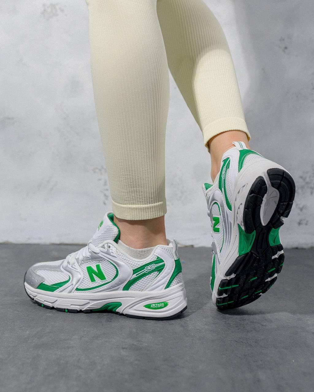 Жіночі шкіряні сітка кросівки New Balance 530 White Green, жіночі кеди Нью Беланс білі. Жіноче взуття, фото 1