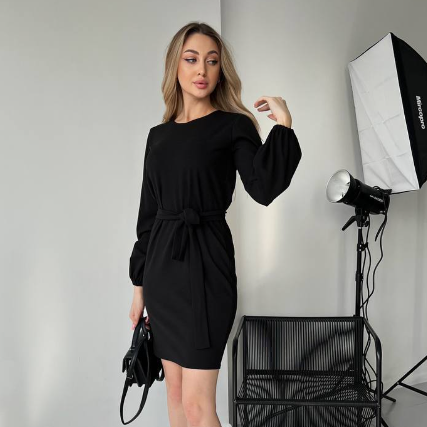Коктейльна сукня жіноча однотонна чорна сукня з довгим рукавом ліхтарик приталена сукня з поясом, фото 1