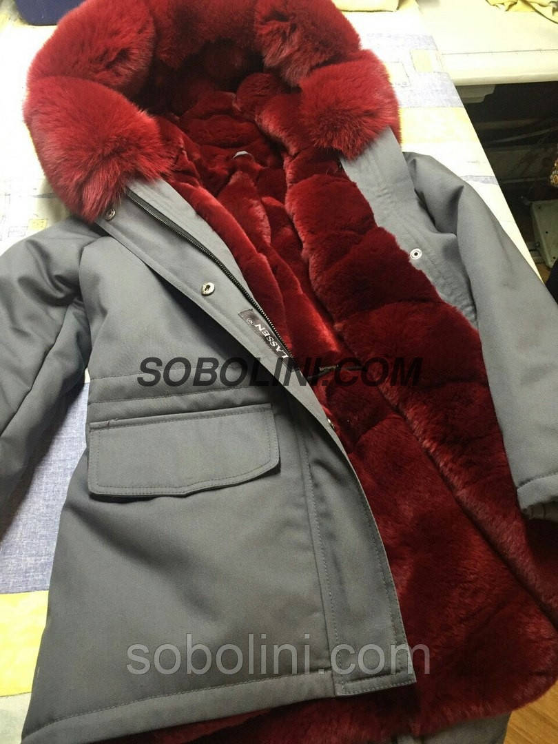 Підліткова Парка з хутром фінського песця, всередині хутро кролика Рекса колір марсала, матеріал плащ-котон, фото 1