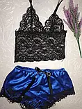 Атласний костюм для сну синього кольору, еротична піжама шорти та топ, фото 6