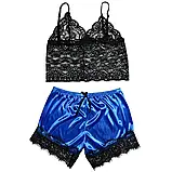 Атласний костюм для сну синього кольору, еротична піжама шорти та топ, фото 7