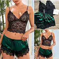 Сексуальна жіноча піжама атласні зелені шорти із чорним мереживним топом