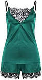 Зелена жіноча шовковиста піжама з мереживом шорти на резинці та майка, фото 4