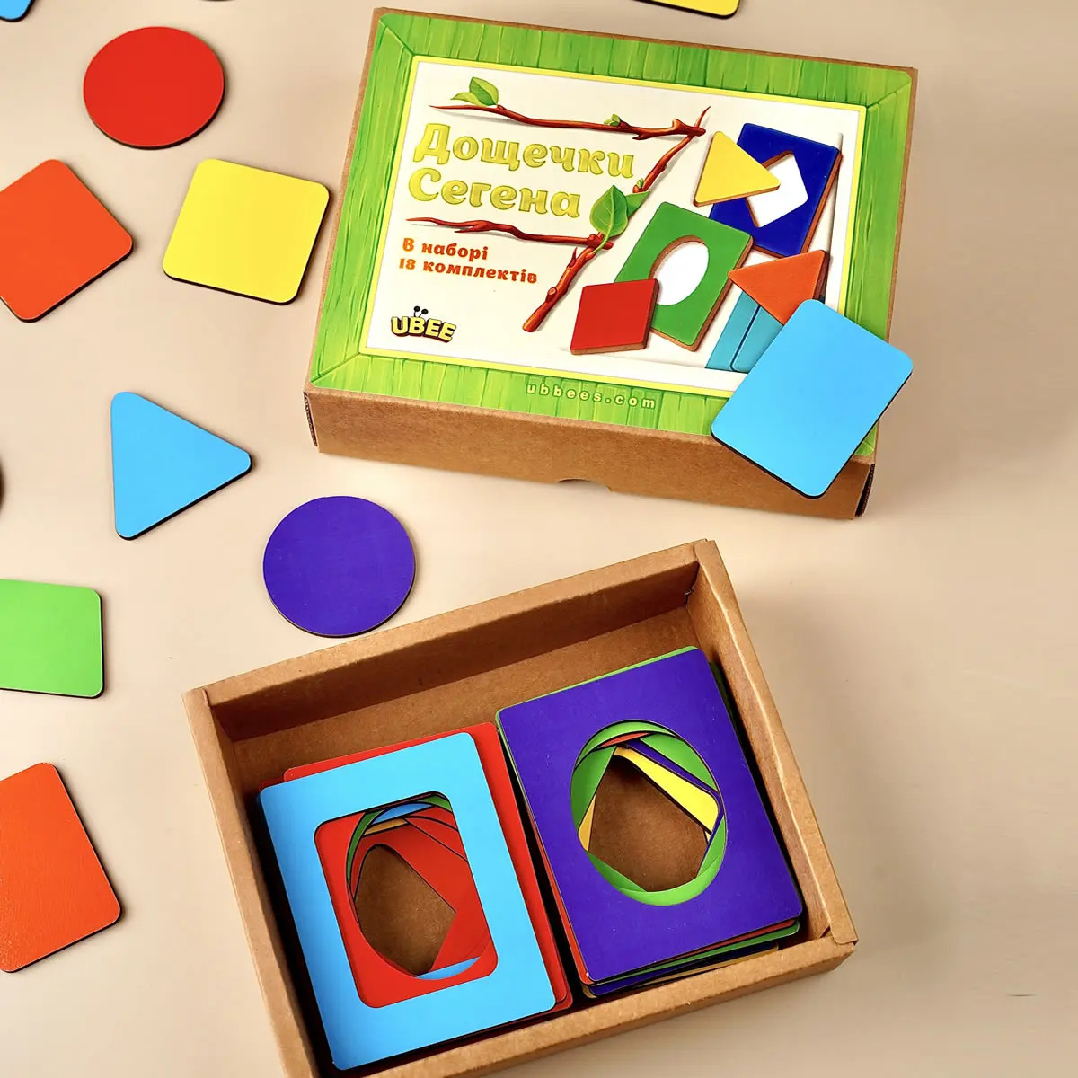 Вкладиші, дошки, дощечки Сегена фігури кольори, дерево набір 18шт Ань-янь 17,5*12*4 см (ПСД212), фото 1
