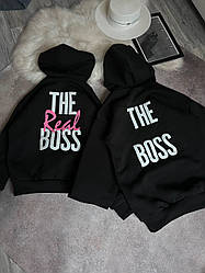 Парні теплі сімейні худорі BOSS з капюшоном на флісі батник для закоханої пари чорні толстовки для сім'ї ( ціна за 1 шт)