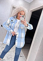 Удлиненная теплая женская рубашка в клетку оверсайз батал на кнопках шерстяная с нашивкой размеры от 54 до 60