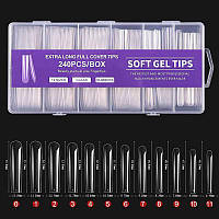 Тіпси гелеві для нарощування нігтів прозорі 240 штук, мякий квадрат.