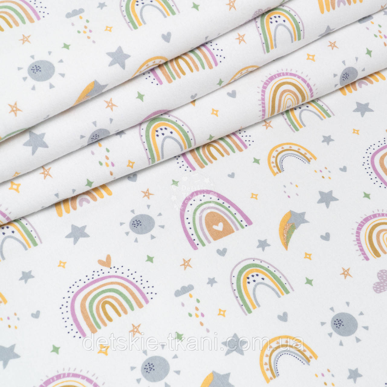 Фланель "Жовто-зелені, рожеві веселки, сонечко, зірки, хмаринки", ширина 240 см, фото 1