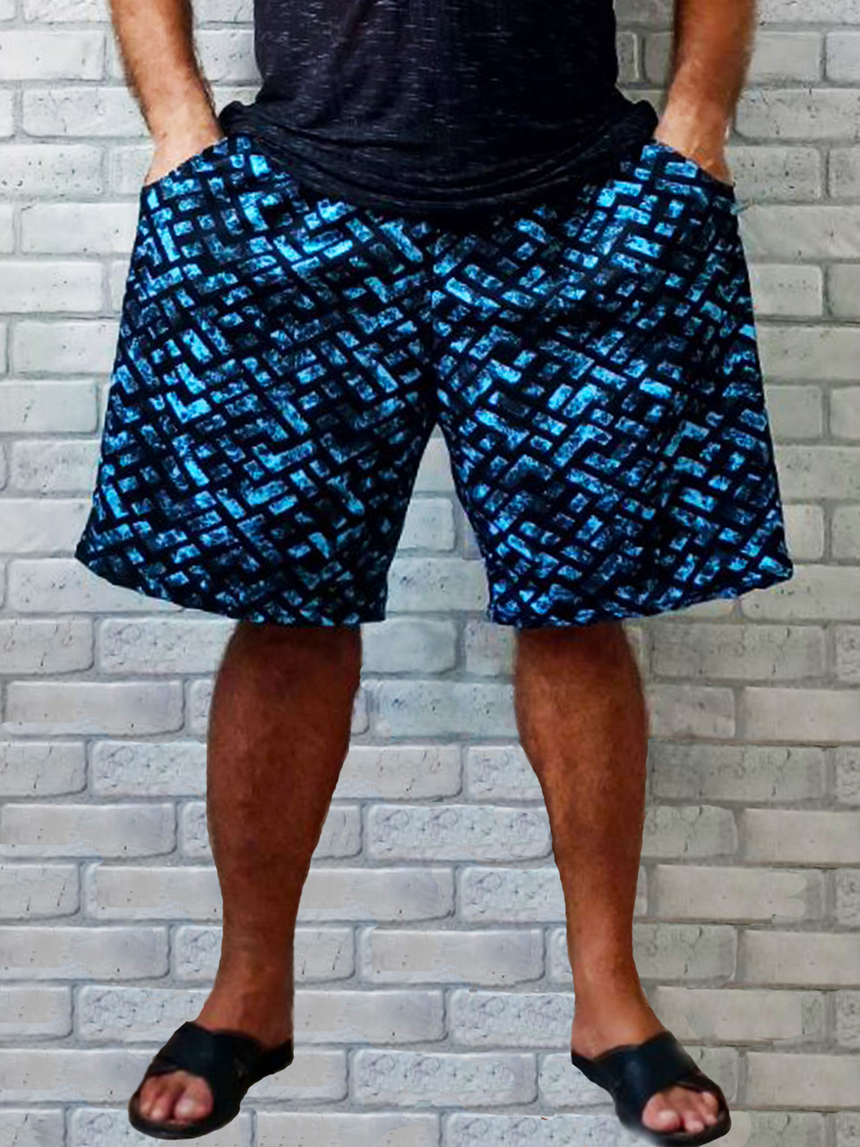 Мужские шорты оптом супер батал большого размера с карманами пояс на резинке (абстракция синяя) р.64 68 - фото 1 - id-p2345454187