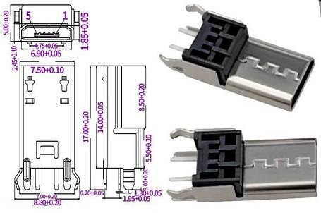 Роз'єм живлення/гніздо CN-57, 2P, H14.0 - Micro USB, фото 2