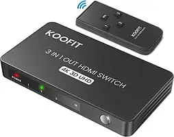 Автоматичний HDMI Splitter KOOFIT 3 в 1 з дистанційним керуванням 4K@60Hz, 3 порти підтримують 4K 3D UHD