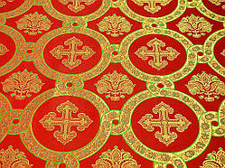 Шелковая церковная ткань Гефсиманский сад червоний з зеленим контуром з золотом