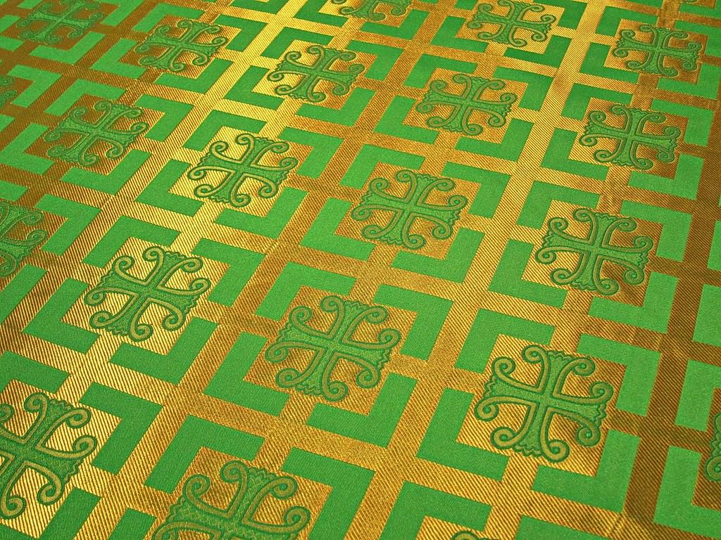 Шовкова церковна тканина Каппадокія зелена з золотом, фото 1