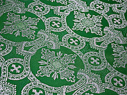 Шовкова церковна тканина Корона зелена люрекс з сріблом