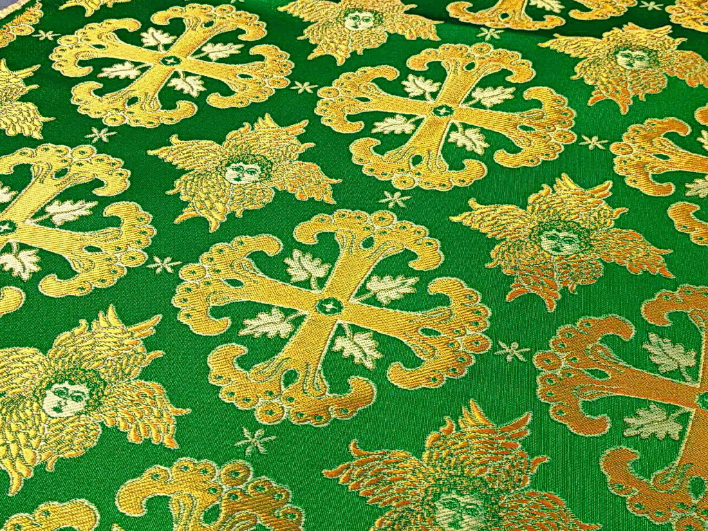 Шовкова церковна тканина Афон зелений з золотом, фото 1