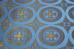 Шовкова церковна тканина Дамаск блакитний шовк з золотом